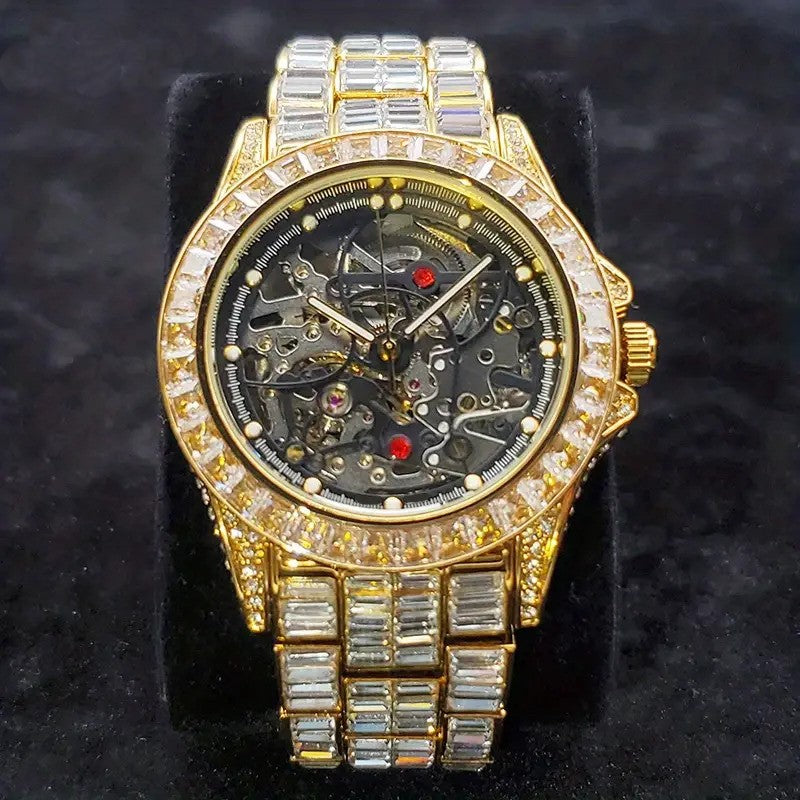 Hollow Heart Iced Out Mechanical Skeleton Watch