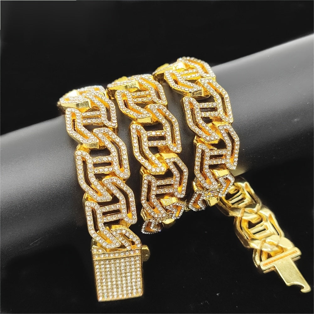 Hollow H-Shaped Inlaid Rhinestone Cuban Bracelet