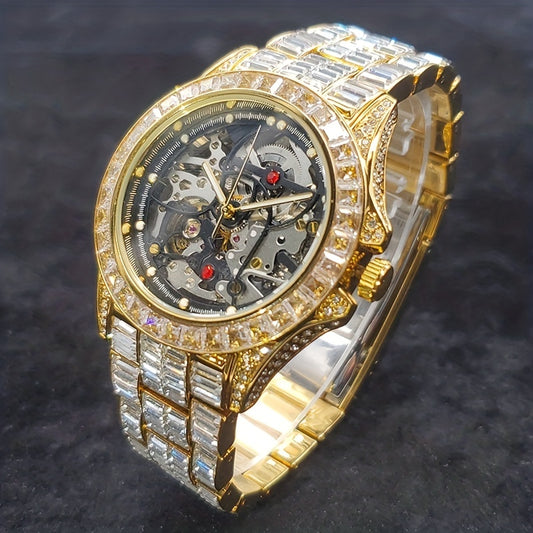 Hollow Heart Iced Out Mechanical Skeleton Watch